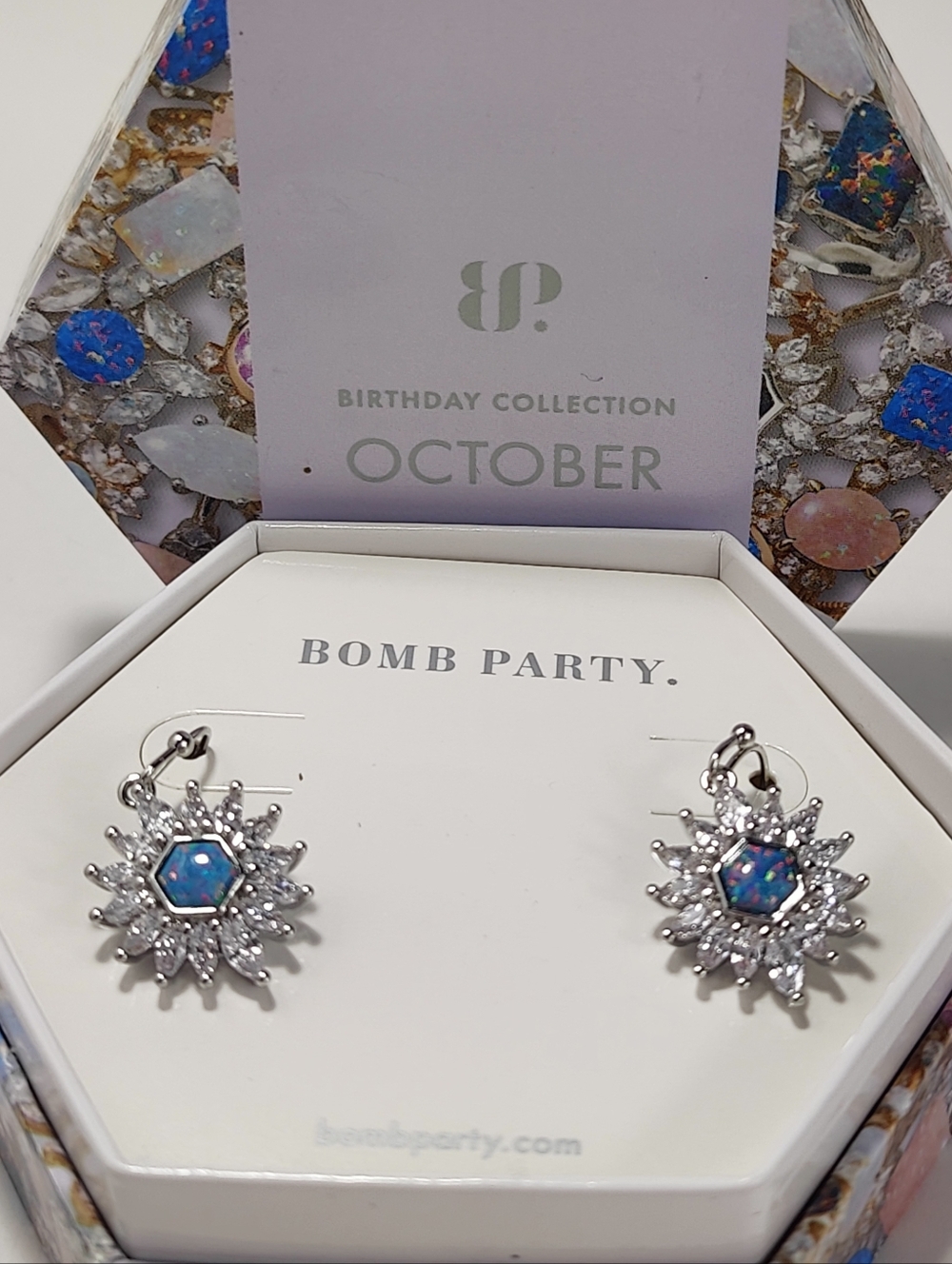 Bomb Party Fire Opal Earrings Rhodium Plated CZ Halo Dangle Blue Green Pink Lab